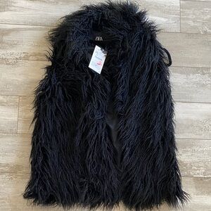 Zara Shaggy Black Faux Fur Vest